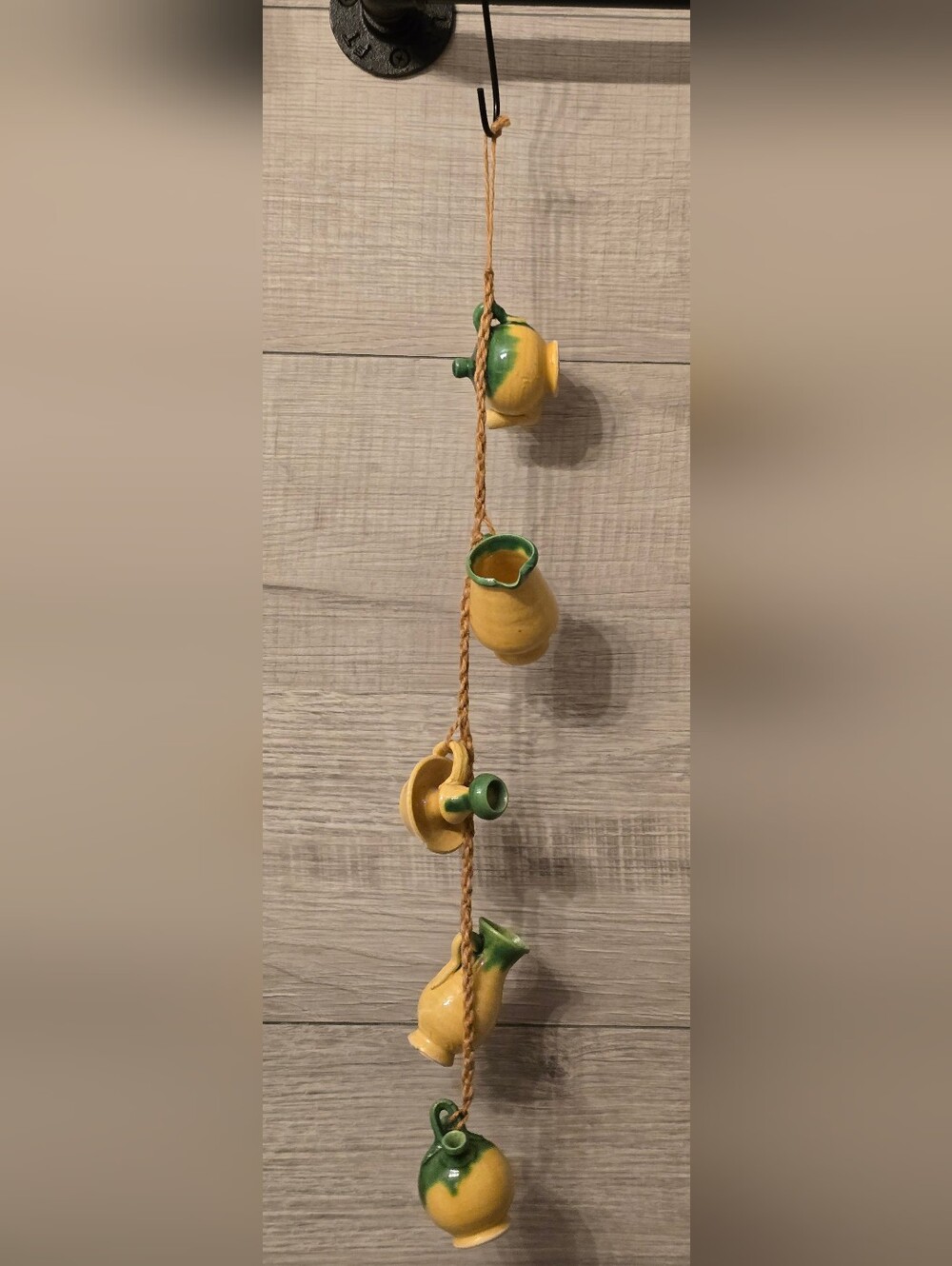 Vtg Provençal Ceramic Mini Pitcher Garland–Hanging Yellow & Green Glazed Pottery
